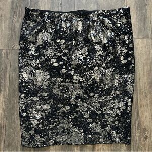 Tommy Hilfiger Vtg Black Lame Lace Metallic Silver Mid Length Straight Skirt 14